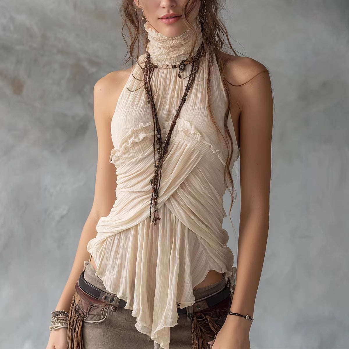 Womens Turtleneck Sleeveless Pleated Top