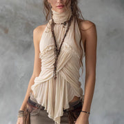 Womens Turtleneck Sleeveless Pleated Top