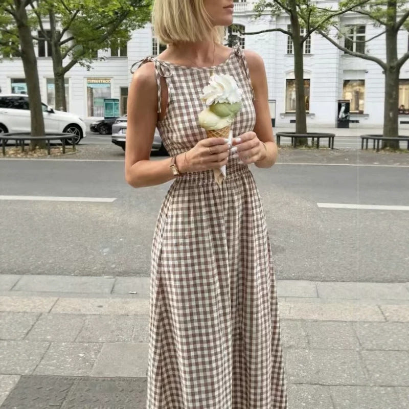 Plaid Bow-Strap Ruffled A-Line Dress