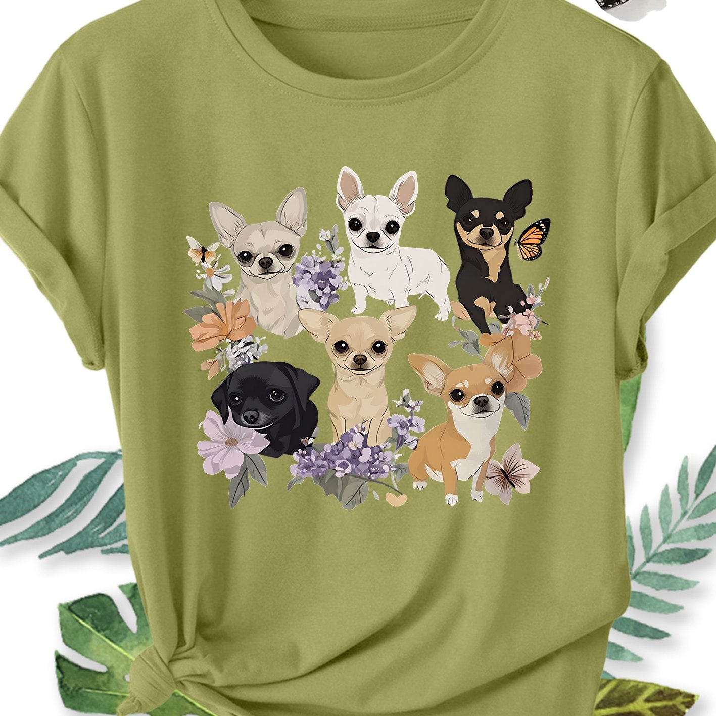 Ladies' Plus Size Short Sleeve T-Shirt with Chihuahua Dog Floral Print, Crew Neck