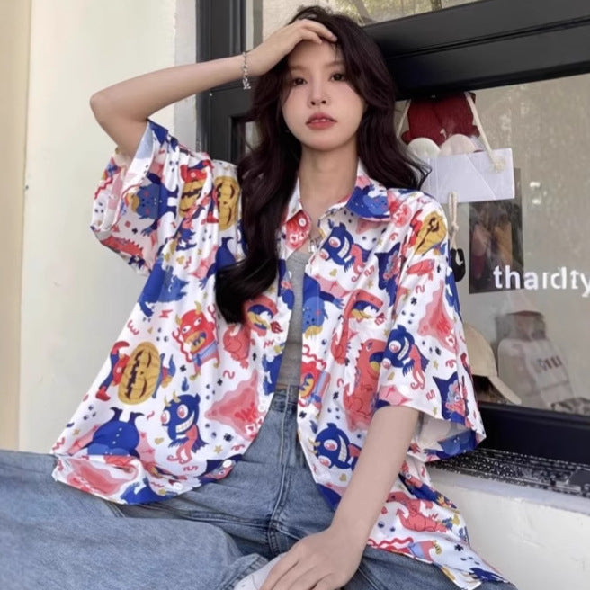 Summer Retro Full Printed Short-sleeved Shirt For Women