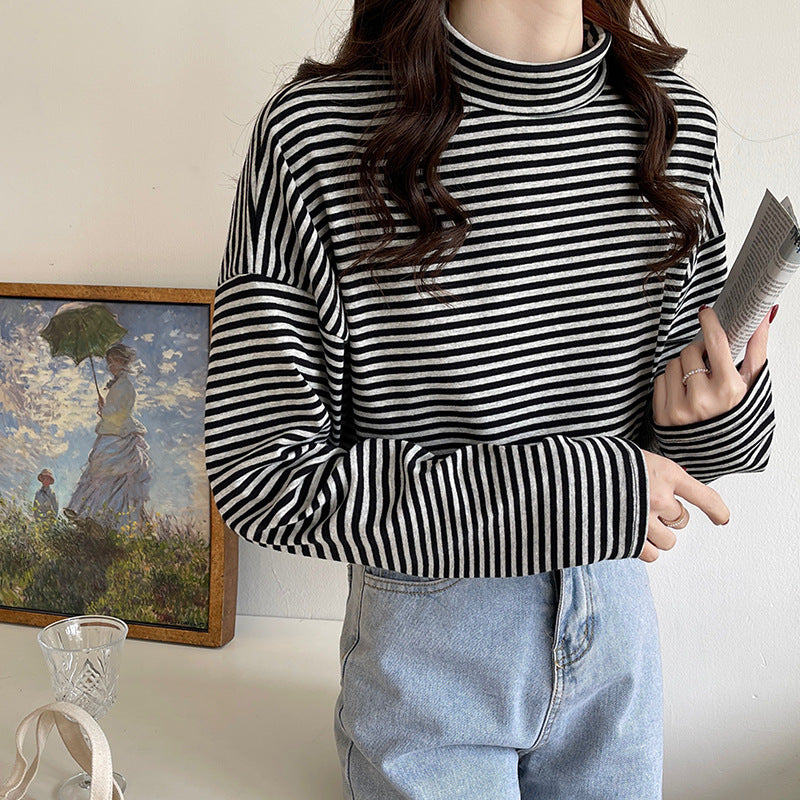 Striped Half-Turtleneck Long Sleeve Tee