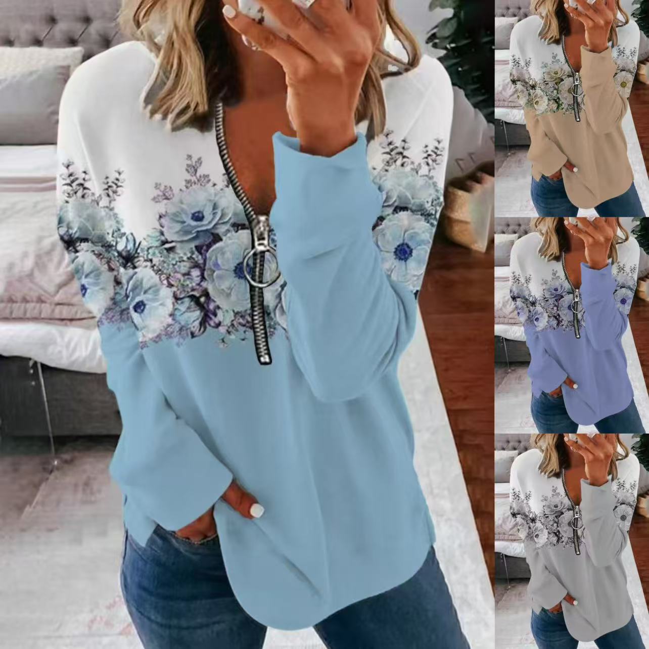 Floral Print Zip-Neck Pullover Sweater