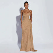 European and American-style Shimmering Strapless Waist-cinching Maxi Evening Gown with Crisscross Detailing