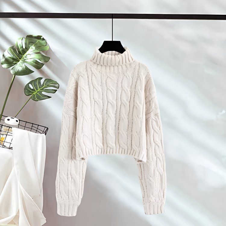 New Autumnwinter Linen Short Turtleneck Outerwear Knitted Floral Sweater for Women