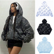 Stars Print Zipper Hooded Cardigan Couple Streetwear Coat