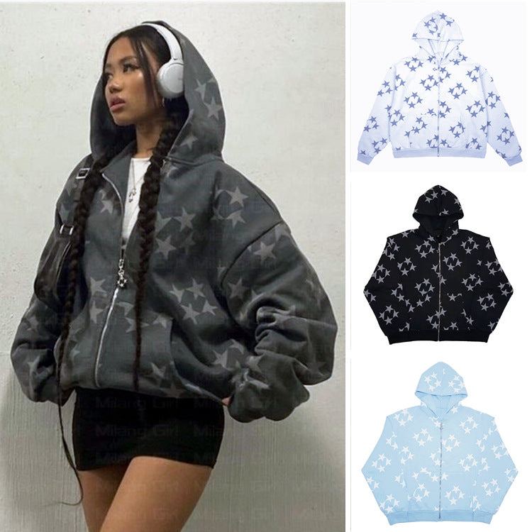 Stars Print Zipper Hooded Cardigan Couple Streetwear Coat