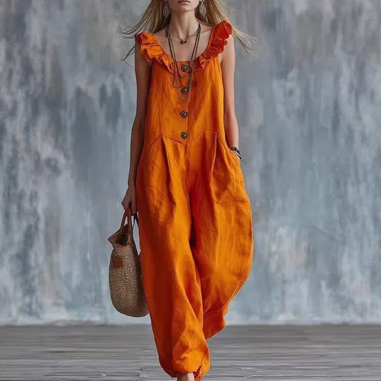 Womens Solid-Colored Sleeveless Button-Down Jumpsuit