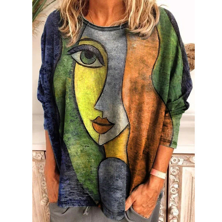 Artistic Face Print Long Sleeve Tee for Autumn