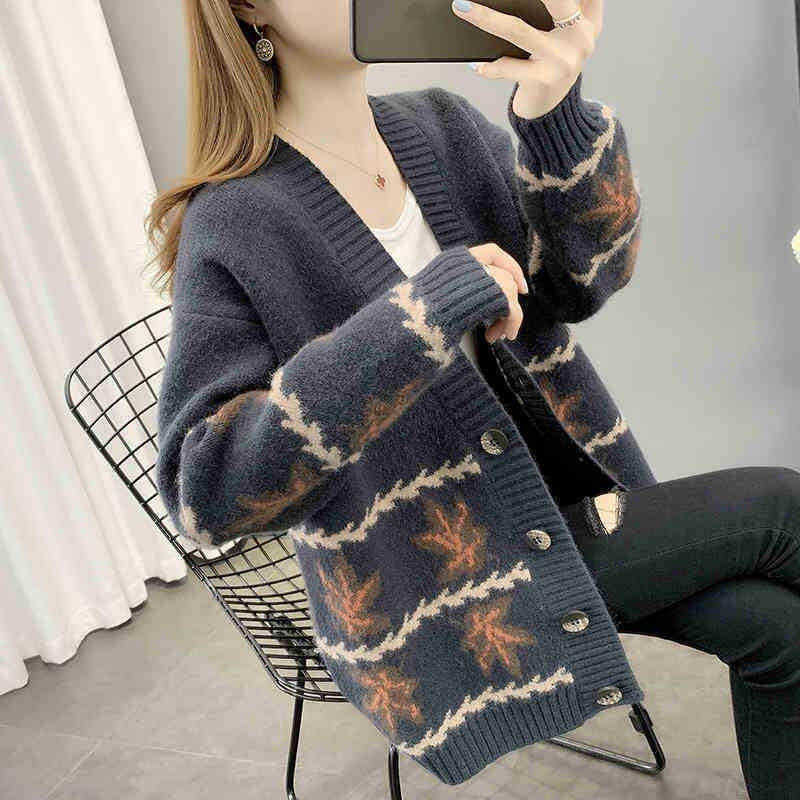 Cozy Maple Leaf Jacquard Oversized Cardigan Sweater