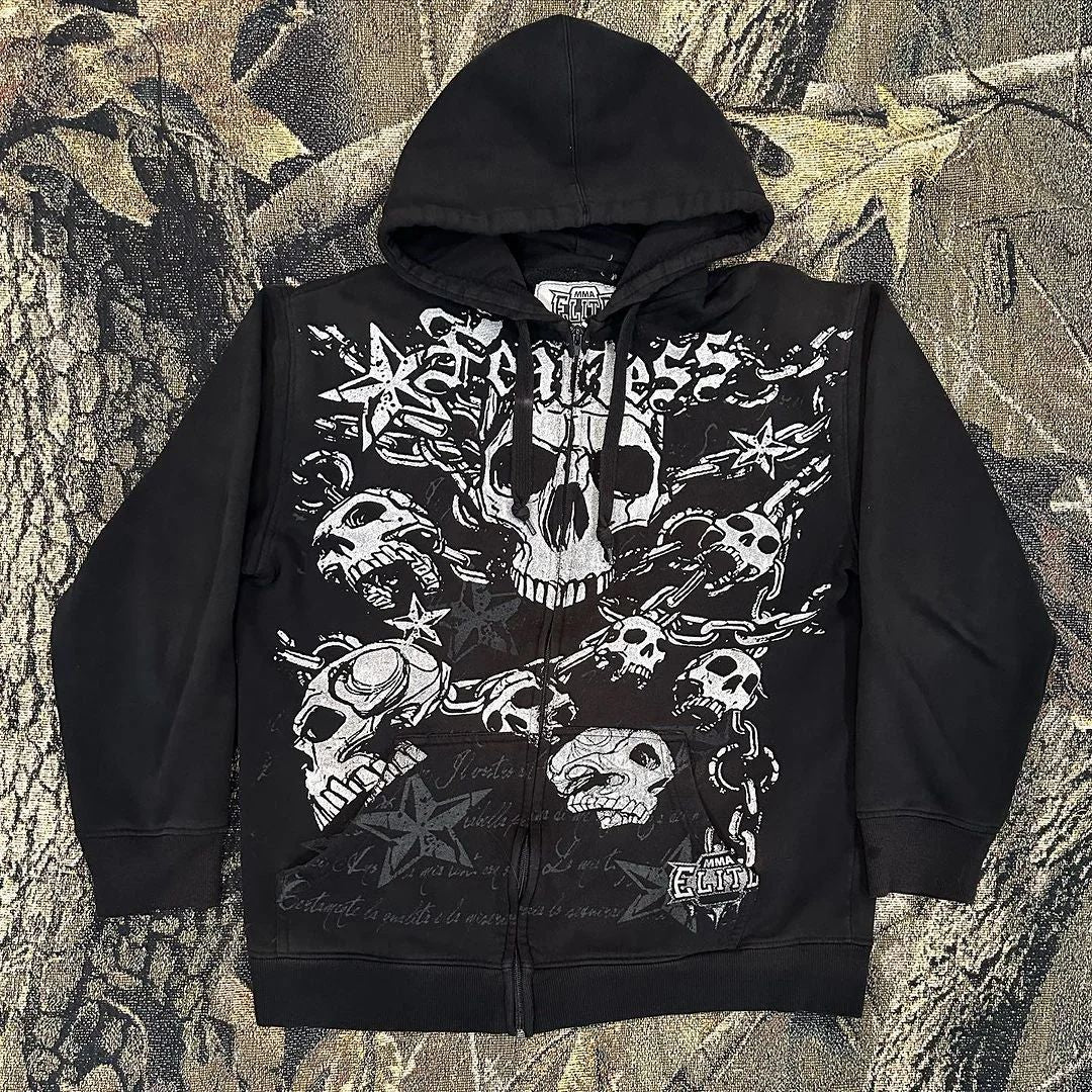 Punk Skull Print Loose Zip Hoodie Gothic Streetwear Sweatshirt