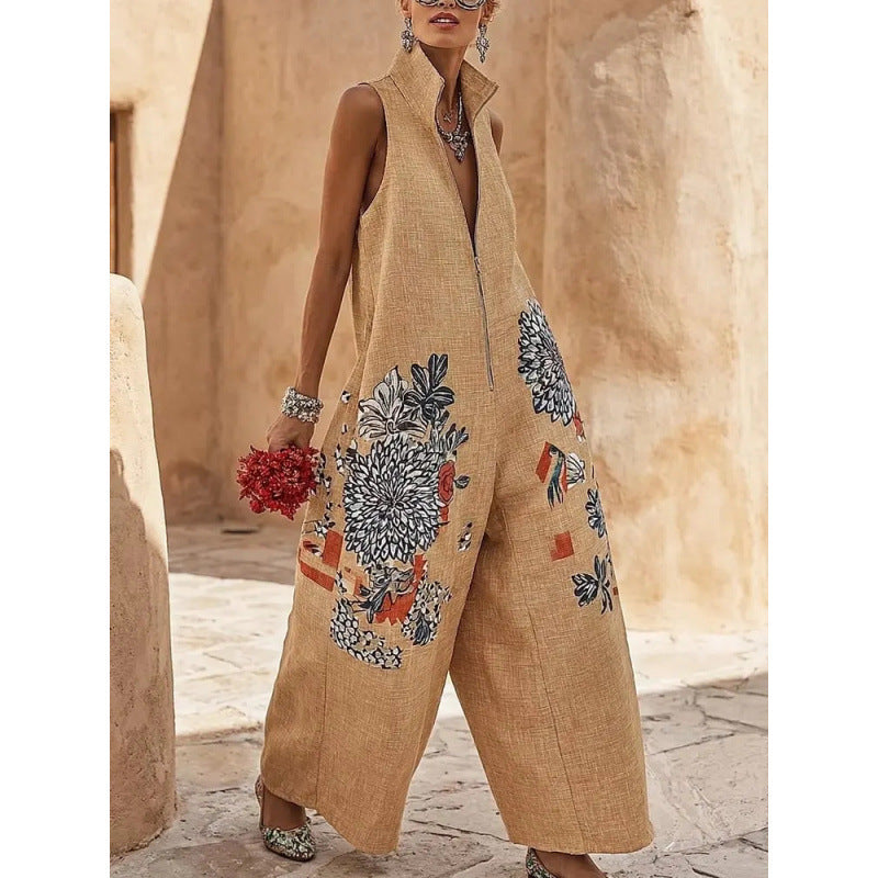 Stand-collar Sleeveless Casual Wide-leg Cotton-linen Jumpsuit