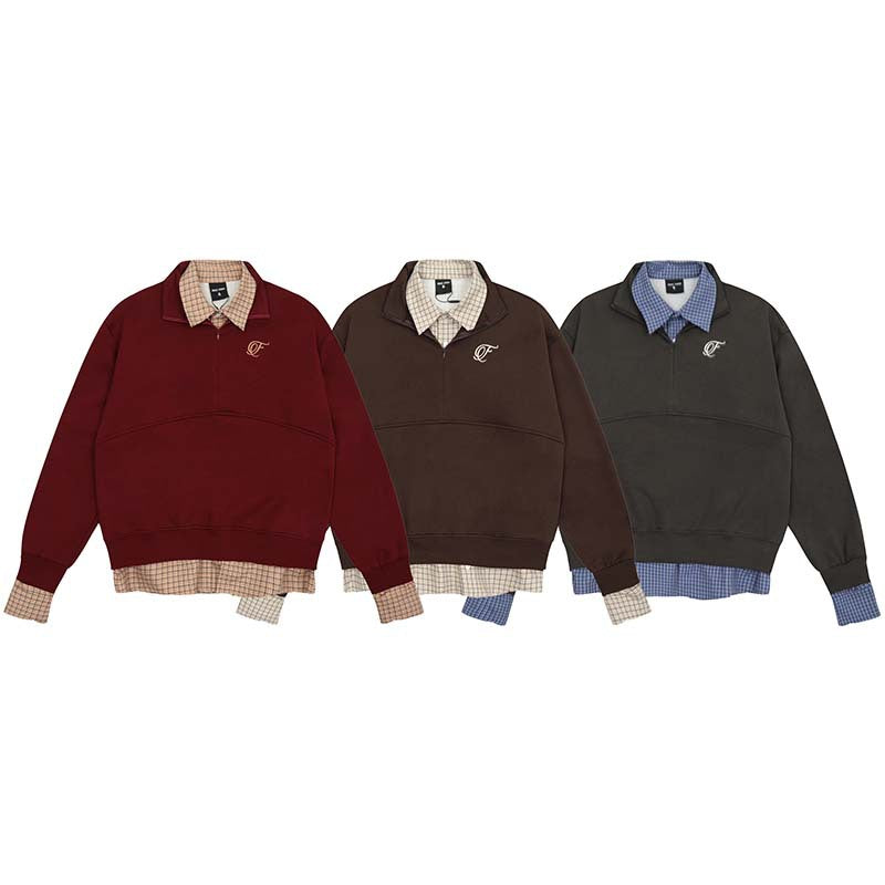 Plaid Stitching Brushed Hoodie with Fake Two-Piece Design