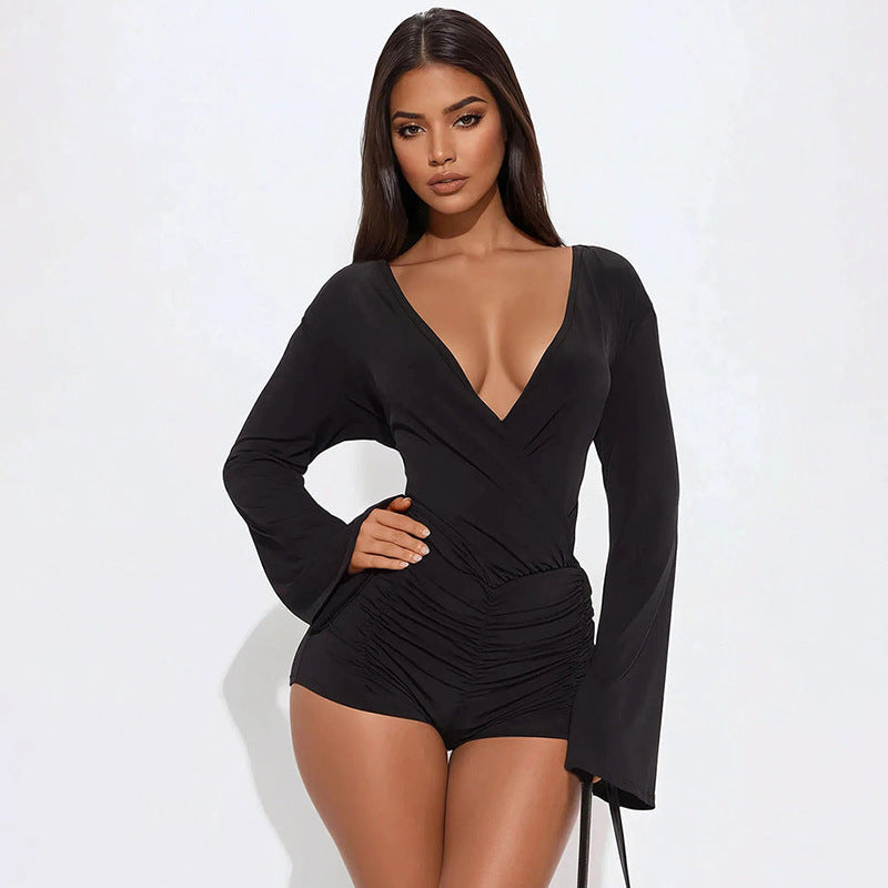 Sexy Deep V-Neck Slim-Fit Flared Winter Jumpsuit