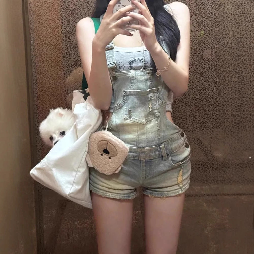 Retro Distressed Washed Ripped Denim Suspender Shorts For Women