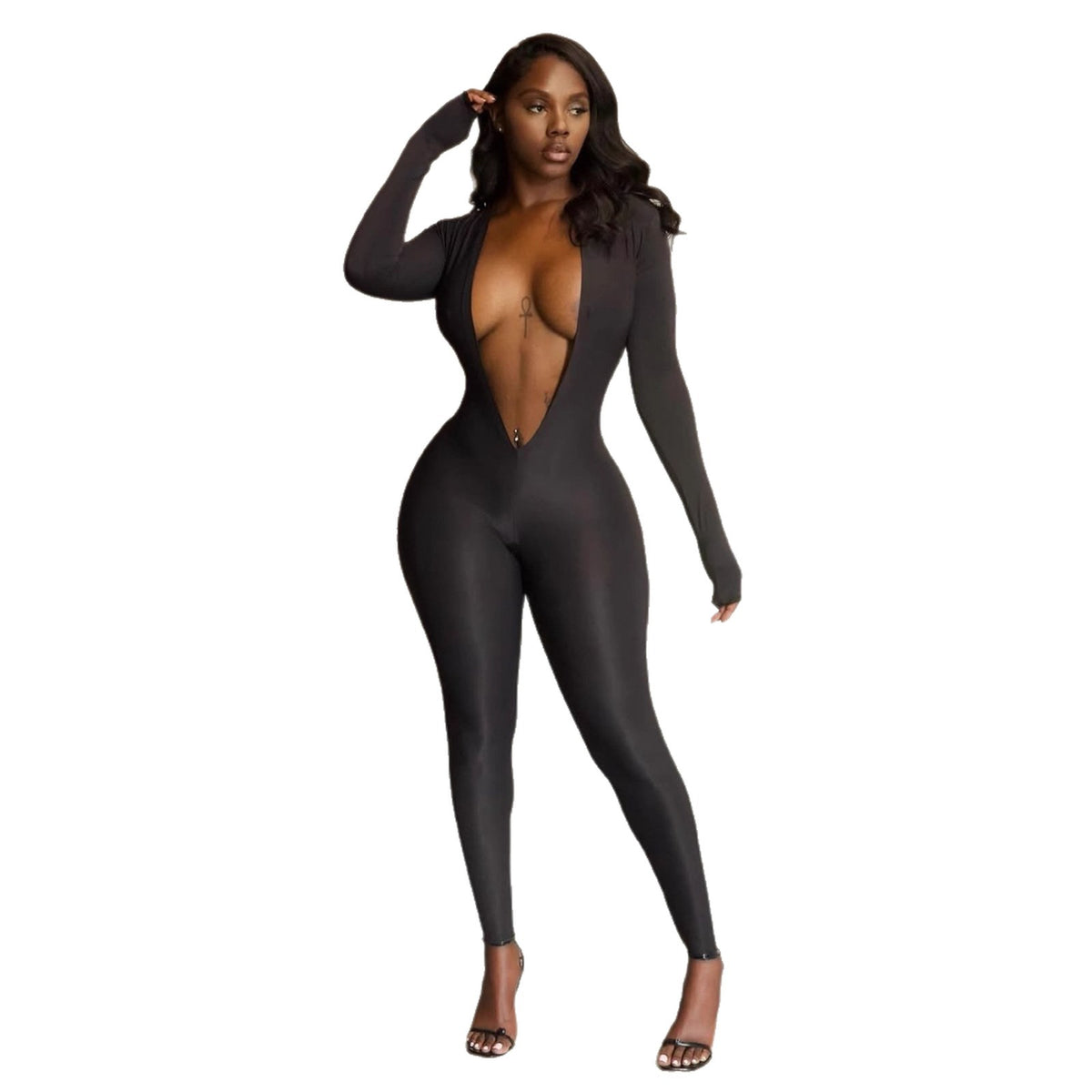 Stretchy Figure-Hugging Solid Long-Sleeve Jumpsuit