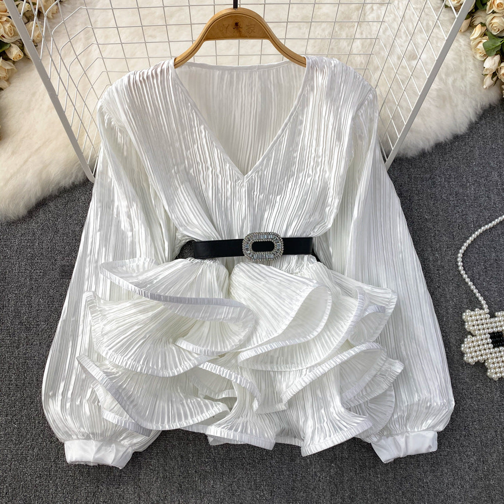 Lantern Long Sleeve V-neck Loose Belly-covering Waist Ruffle Hem Pullover Shirt