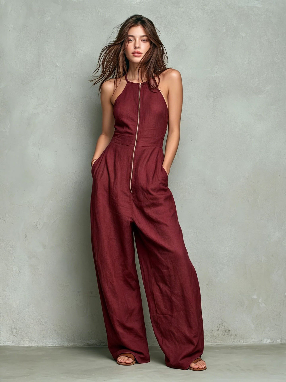 Women's Solid Zip-Front Backless Wide-Leg Jumpsuit