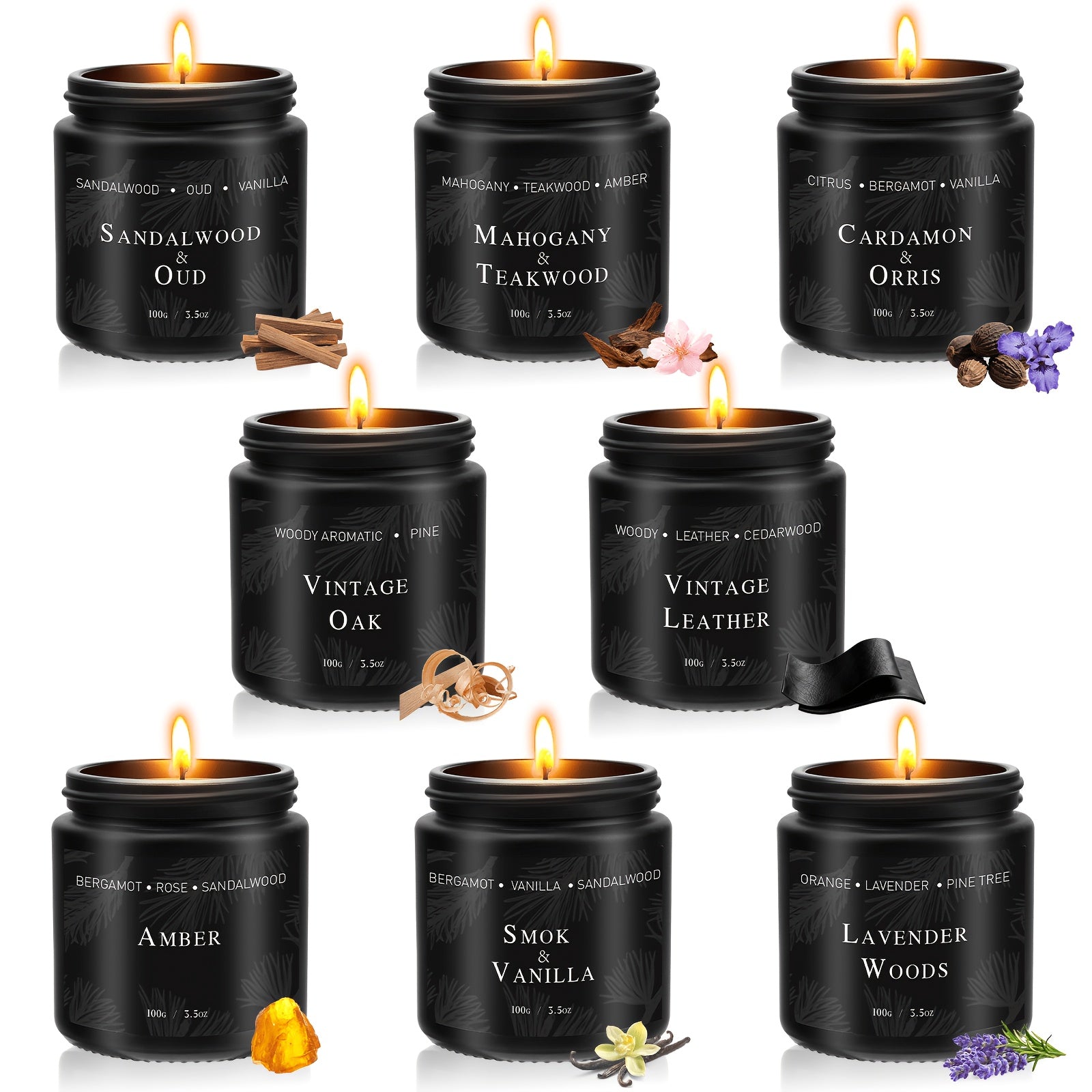 8‑Pack Men’s Scented Soy Candles – Assorted Scents (Sandalwood & Oud, Rosewood & Teak, Cardamom & Iris, Vintage Oak, Amber, Vintage Leather, Smoky Herbs, Lavender Forest) – Approx. 300‑Hour Total Burn