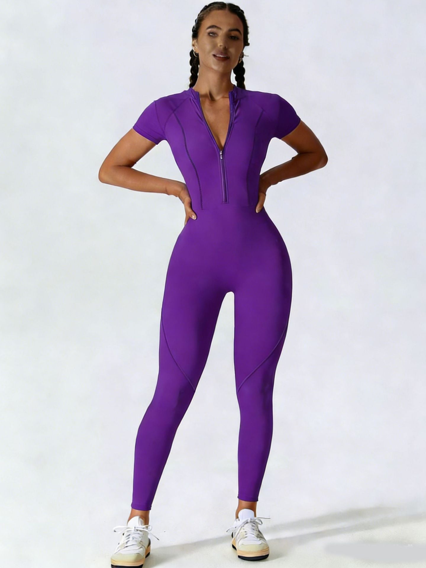 Women's Zipper Short-Sleeve Yoga Jumpsuit Fitness Romper