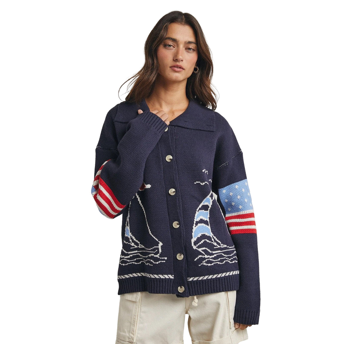 Sailboat-patterned Sweater Casual Long-sleeve Cardigan