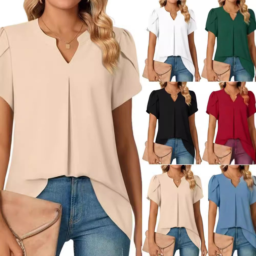 Chic V-Neck Petal Sleeve Loose Blouse for Women