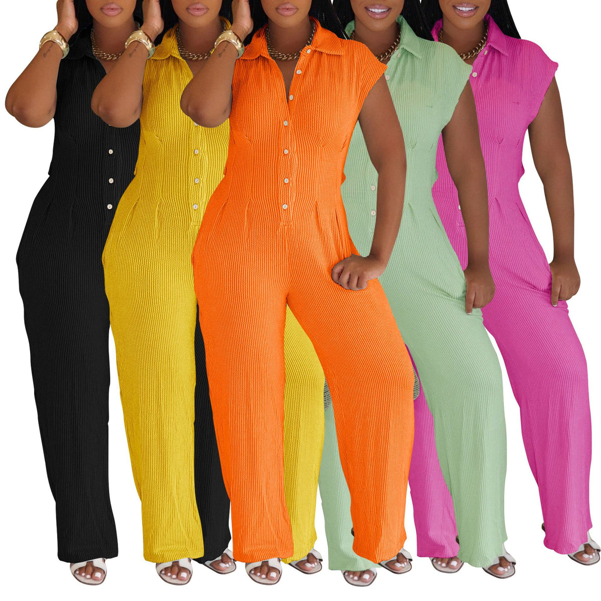 Striped Turn-Down Collar Slim-Fit Women's Jumpsuit