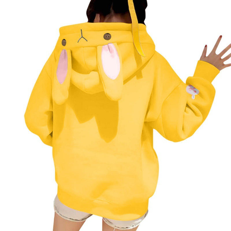 Cute Bunny Ear Embroidered Pocket Fleece Hoodie for Women
