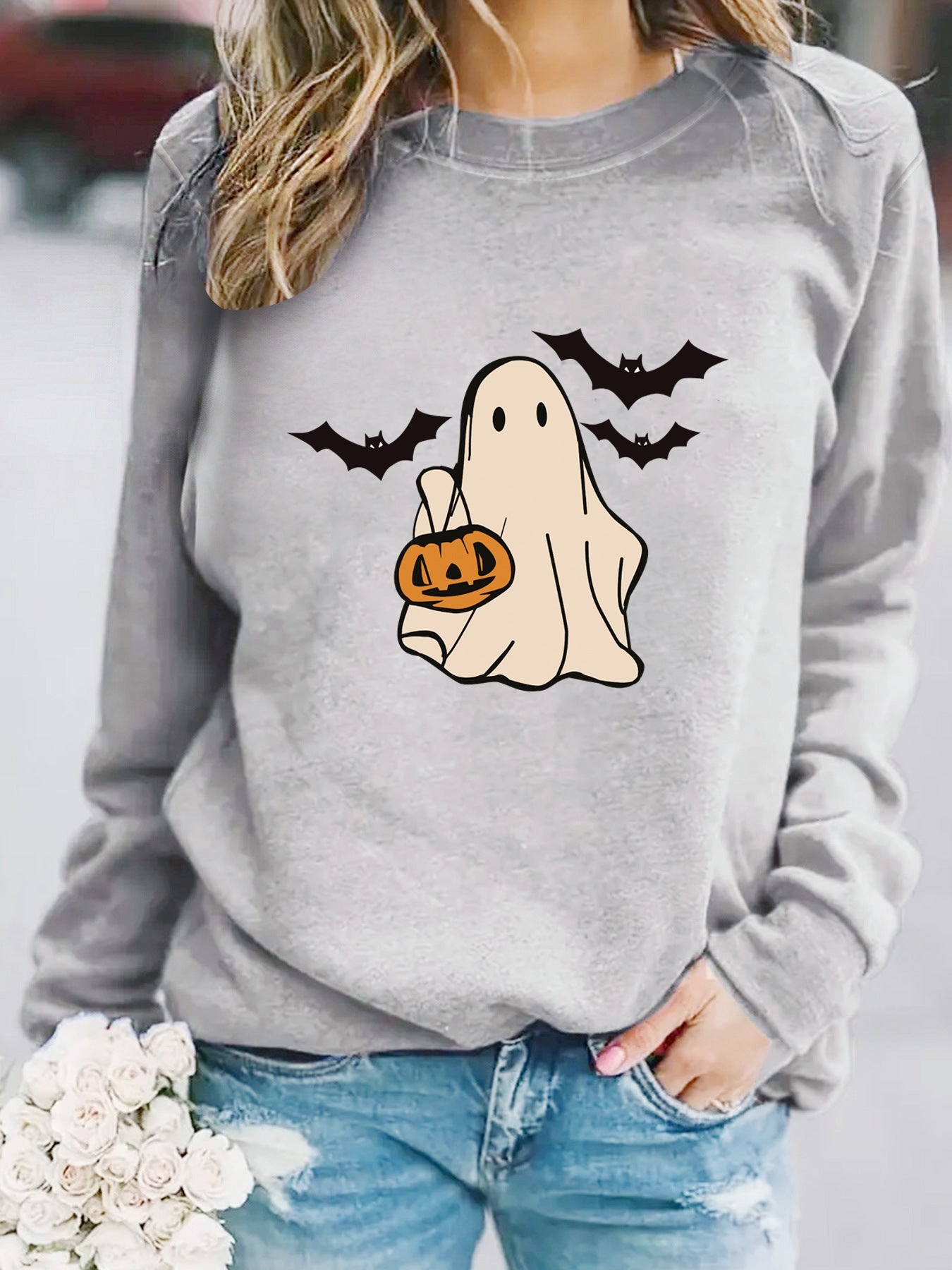 Spooky Cute Ghost Print Halloween Pullover Sweatshirt