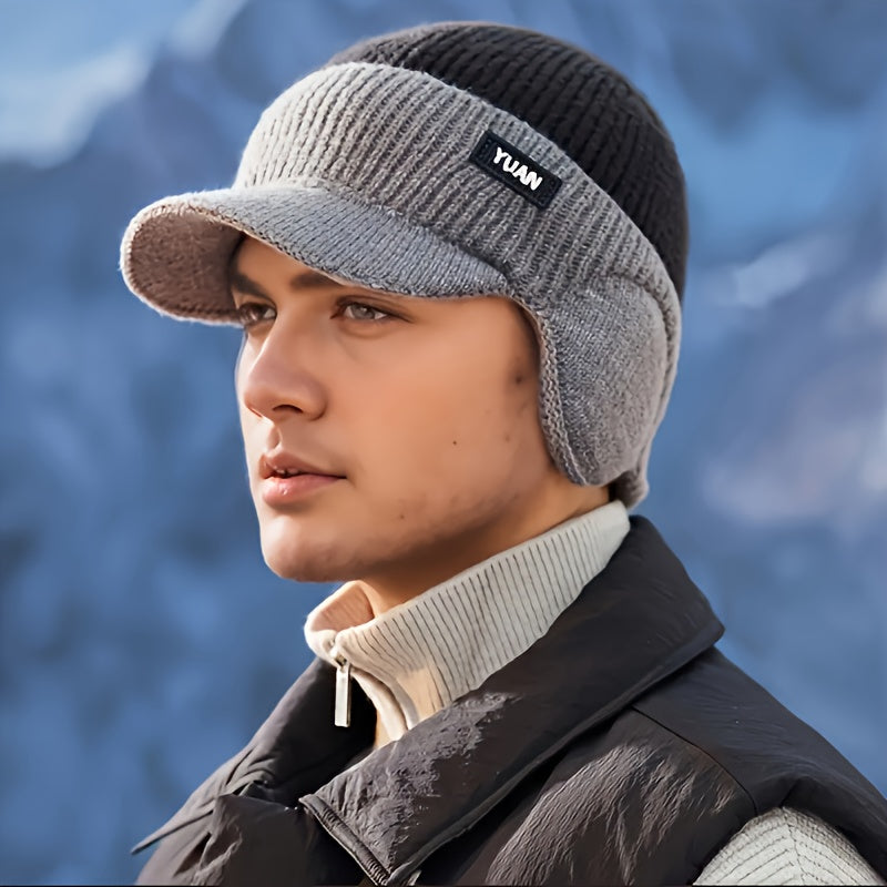 Men's Winter Lined Thick Knit Hat with Ear Flaps and Color‑Block Sun Visor – Cold‑Weather Outdoor Travel