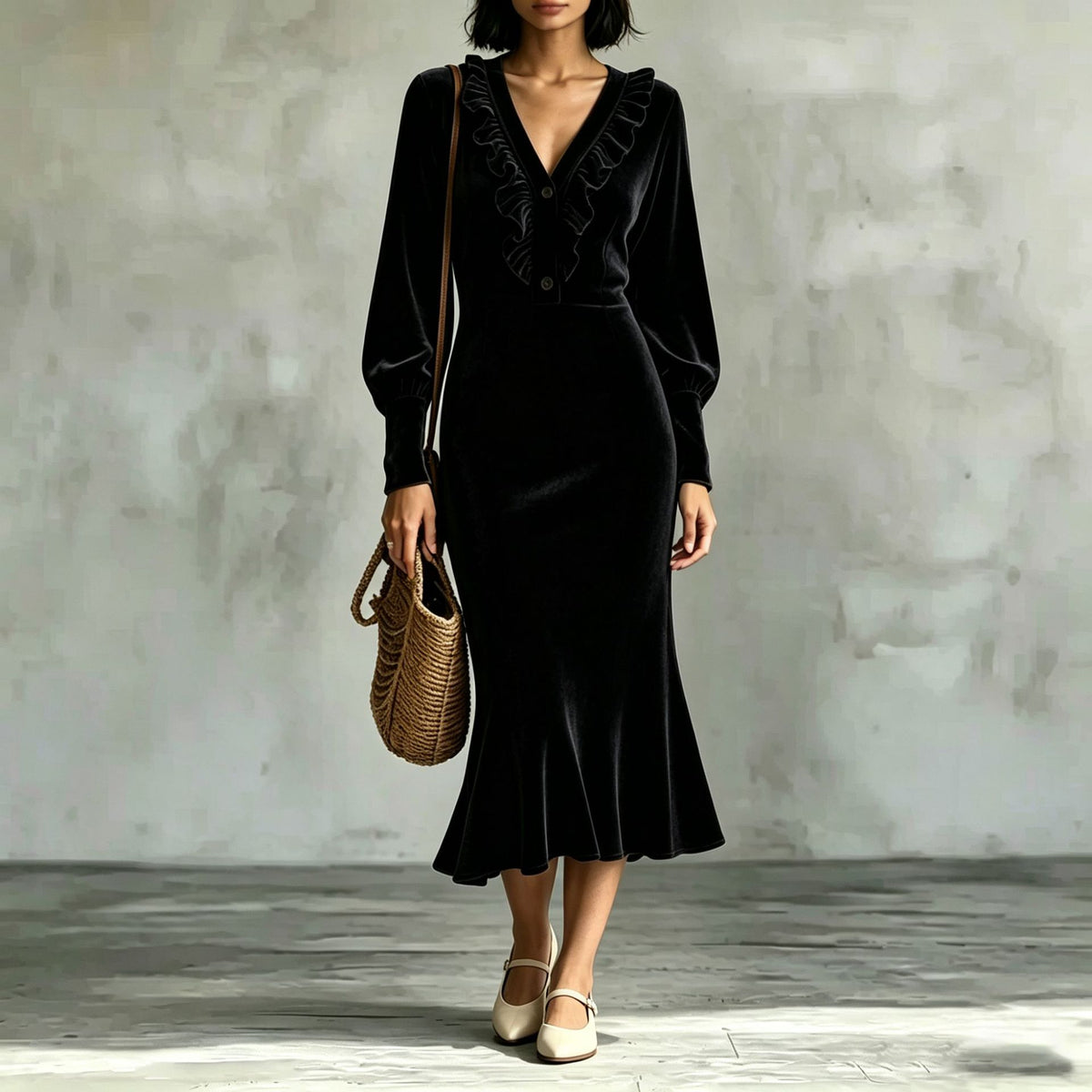 Velvet V-Neck Ruffled Slim Fishtail Dress