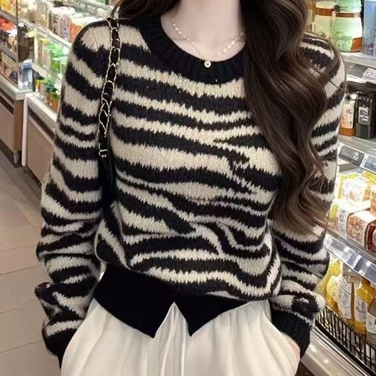 Retro Stunning Black Zebra-print Crew-neck Long-sleeve Sweater