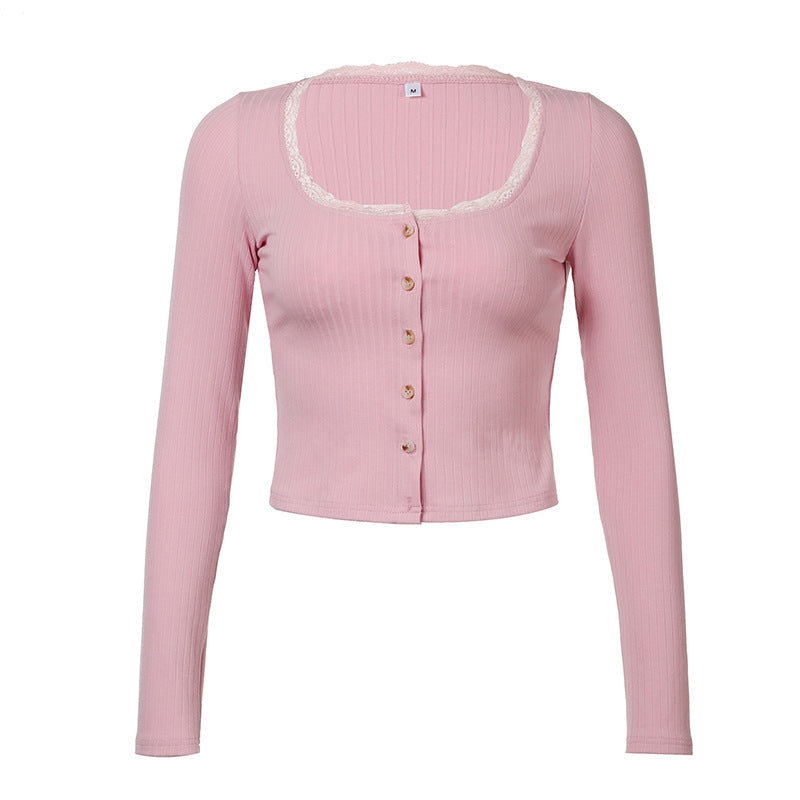 Simple Style Lace Stitching Single-breasted Long Sleeve Knitwear Top