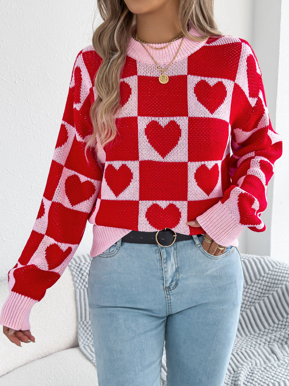 Women's Color-blocked Plaid Heart Lantern Sleeve Pullover Sweater for Valentine's Day