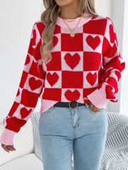 Women's Color-blocked Plaid Heart Lantern Sleeve Pullover Sweater for Valentine's Day