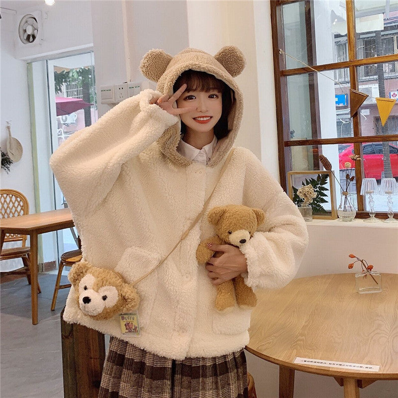 Cute Bear Ear Lamb Wool Winter Cardigan