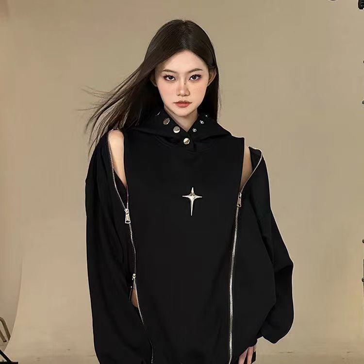 New Niche Shoulder Zipper Hooded Sweater Women's American Retro