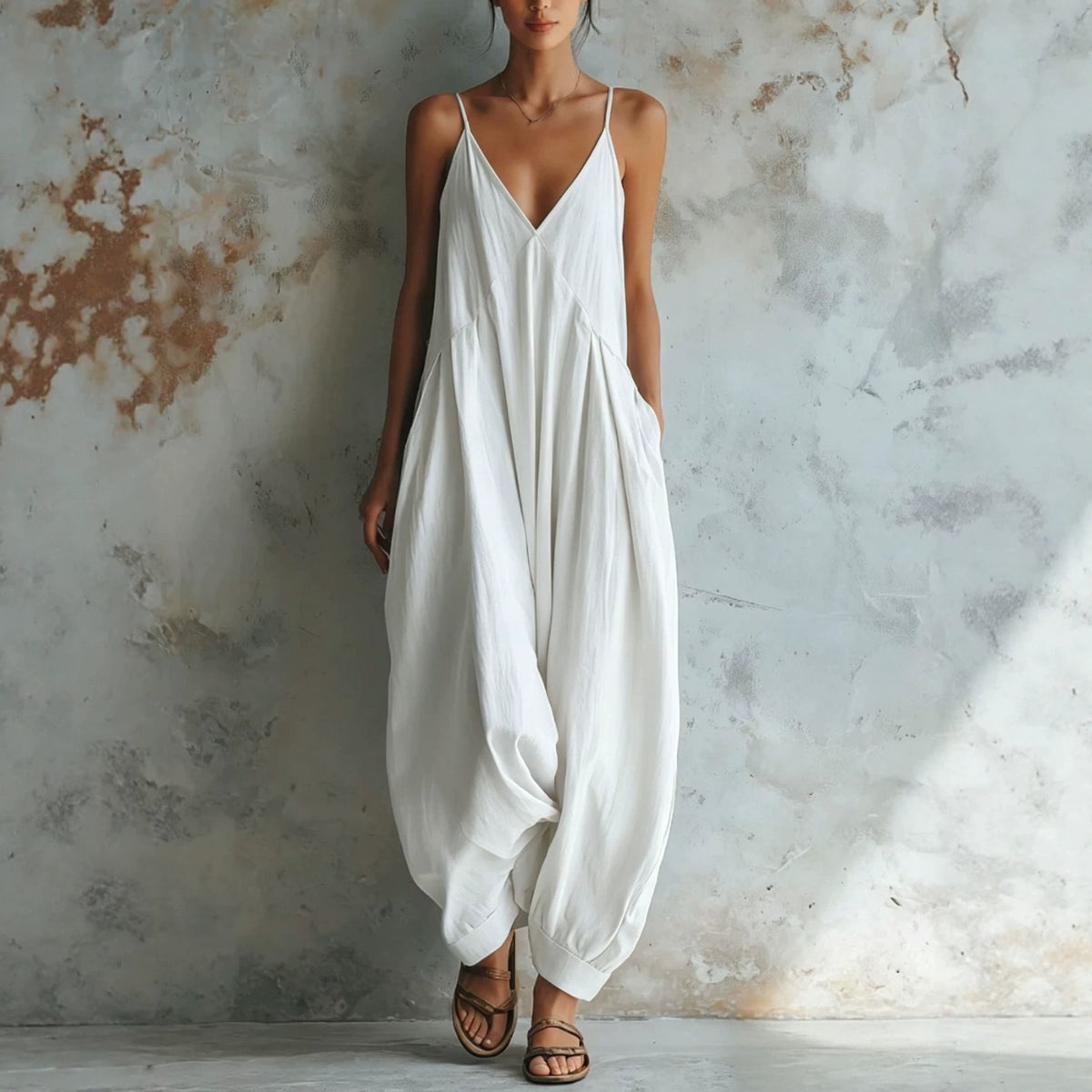 Casual Deep-V Suspender Jumpsuit for Vacation