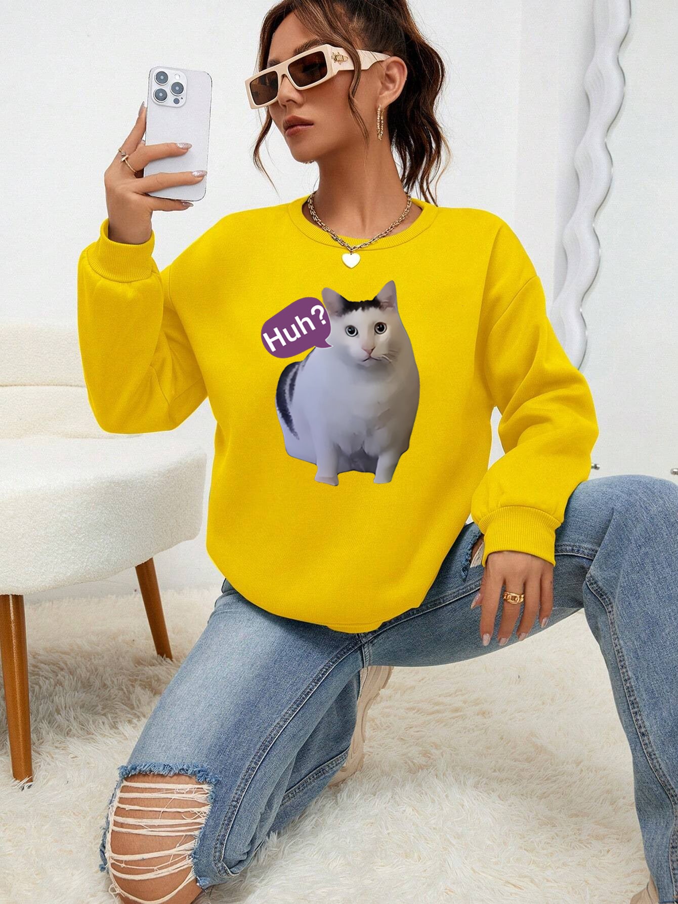 Cute Cat Print Women's Casual Pullover Sweater