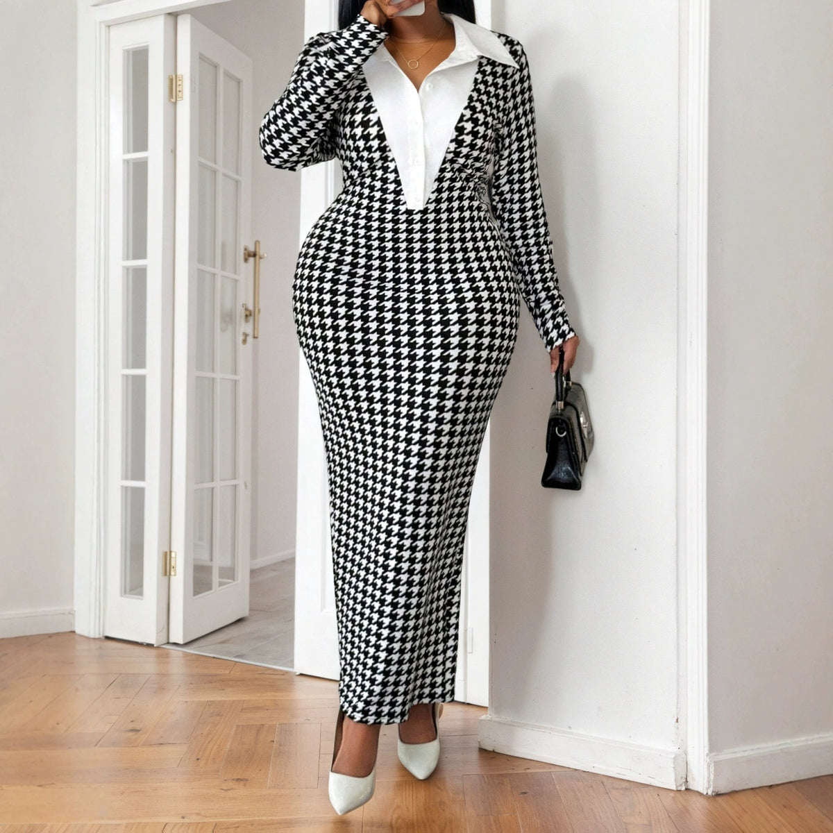 Womens Fashionable Lapel-collar Plus-size Long-sleeve Dress