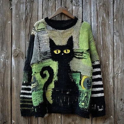 Retro Quirky Loose-fitting Crew-neck Pullover Sweater for Fall and Winter