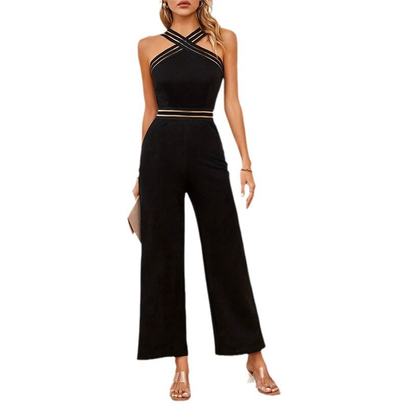 Elegant Backless Halter See-Through Stretch Jumpsuit