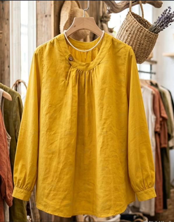 Mustard Linen Blend Blouse – Light, Breathable Long‑Sleeve Top