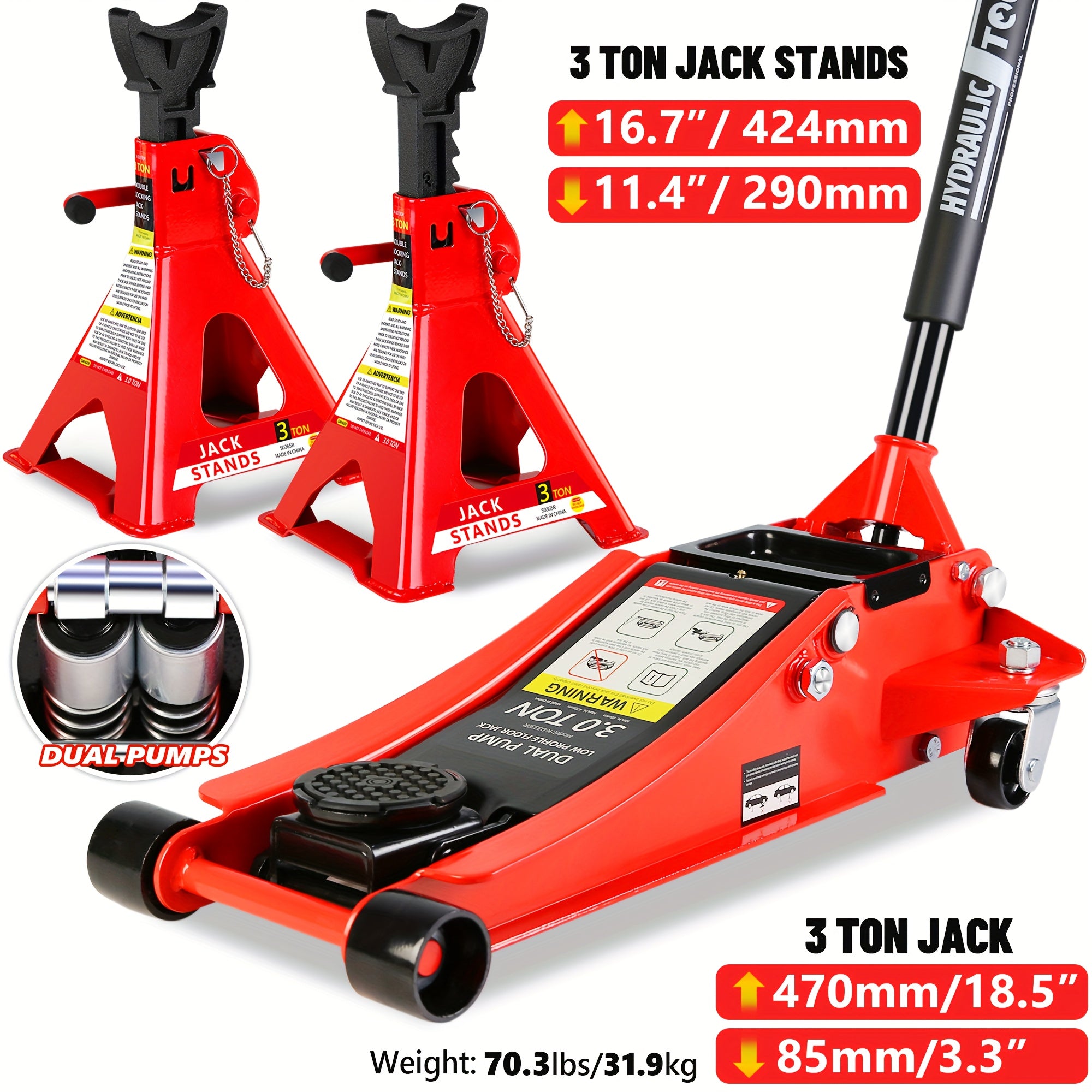 2/2.5/3 Ton Capacity Floor Car Jack Low Profile Garage Hydraulic Trolley Service Lift Floor Jack Combo with With 2 Ratchet 3 Ton Jack Stands, Tire Repair Kit, 14-inch Wheel Cross Wrench, Wheel...
