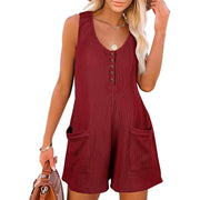 Womens Casual Waffle Button Jumpsuit with Pockets
