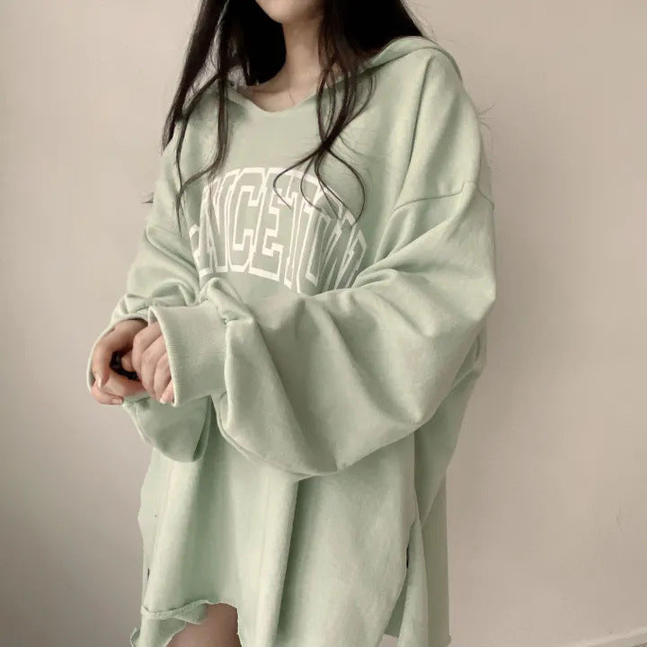Korean Style Letter Print Loose Hooded Casual Sweater
