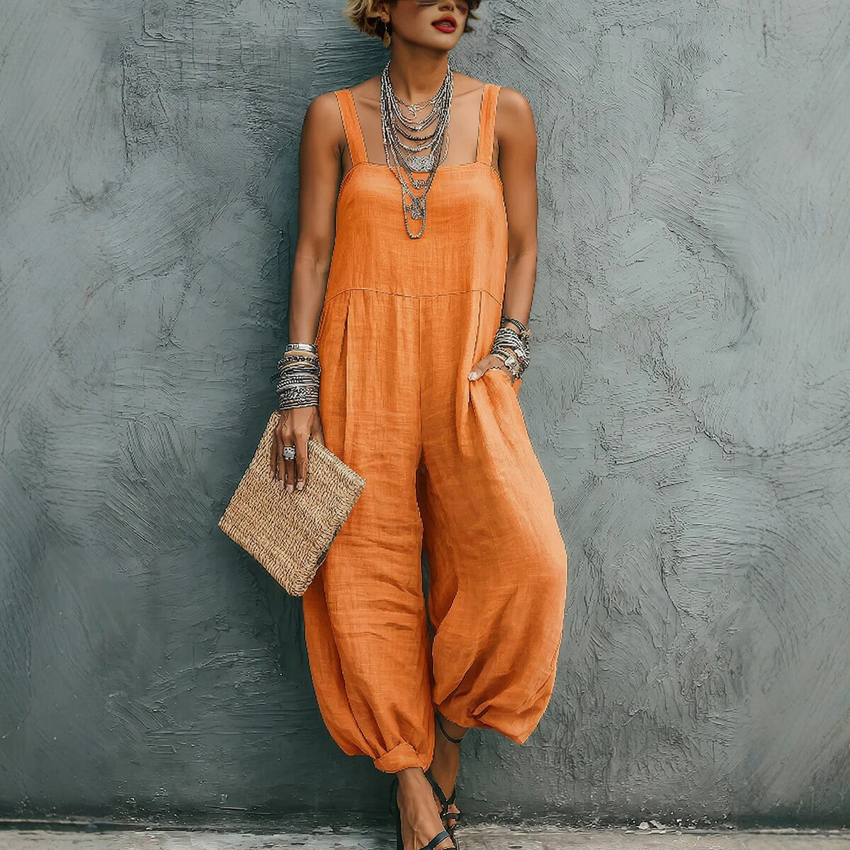 Loose-fit Strap Jumpsuit Womens Casual Wide-leg Pants
