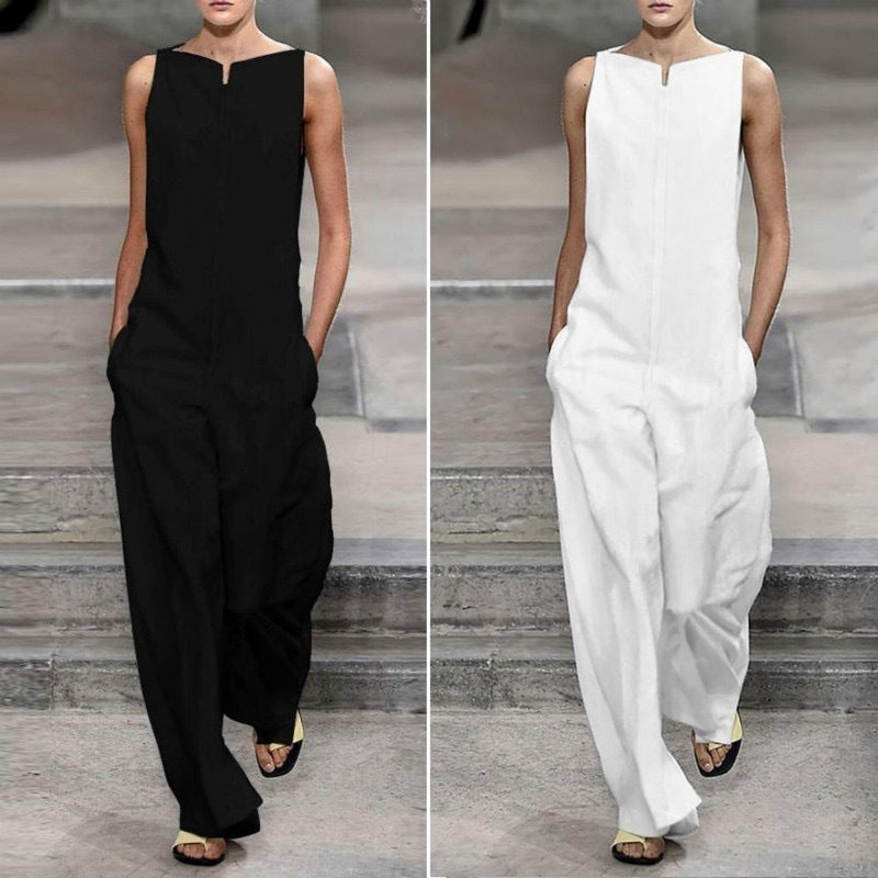 Women's Classic Solid Color Sleeveless Wide-Leg Jumpsuit