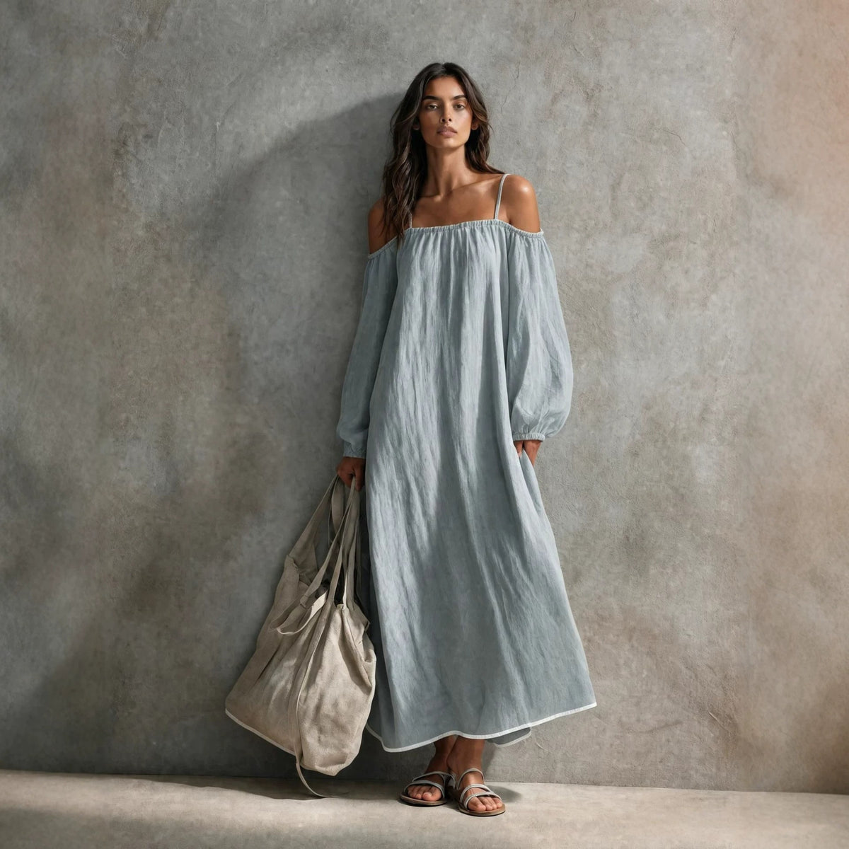 Women's Solid Color Lantern Sleeve Long Dress
