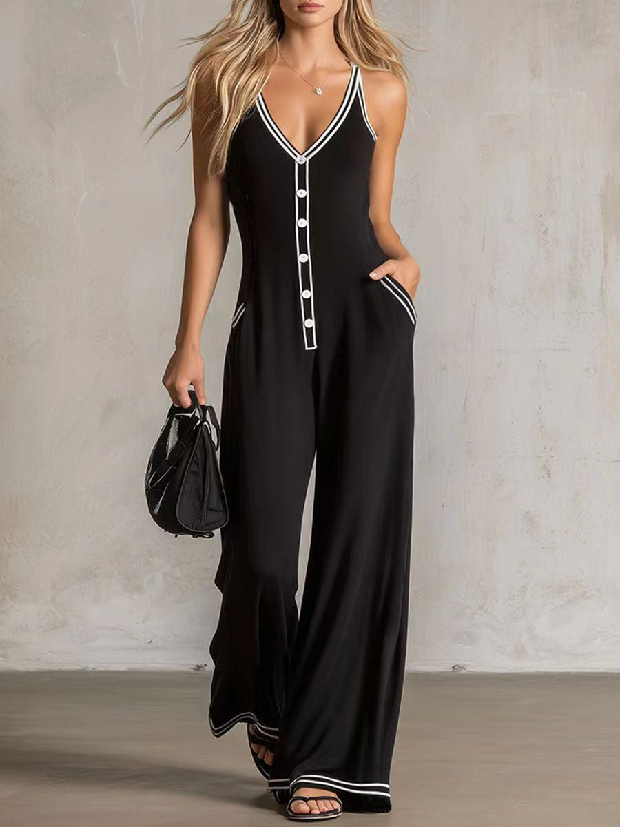 Chic French-Style Color-Block Button Strap Jumpsuit